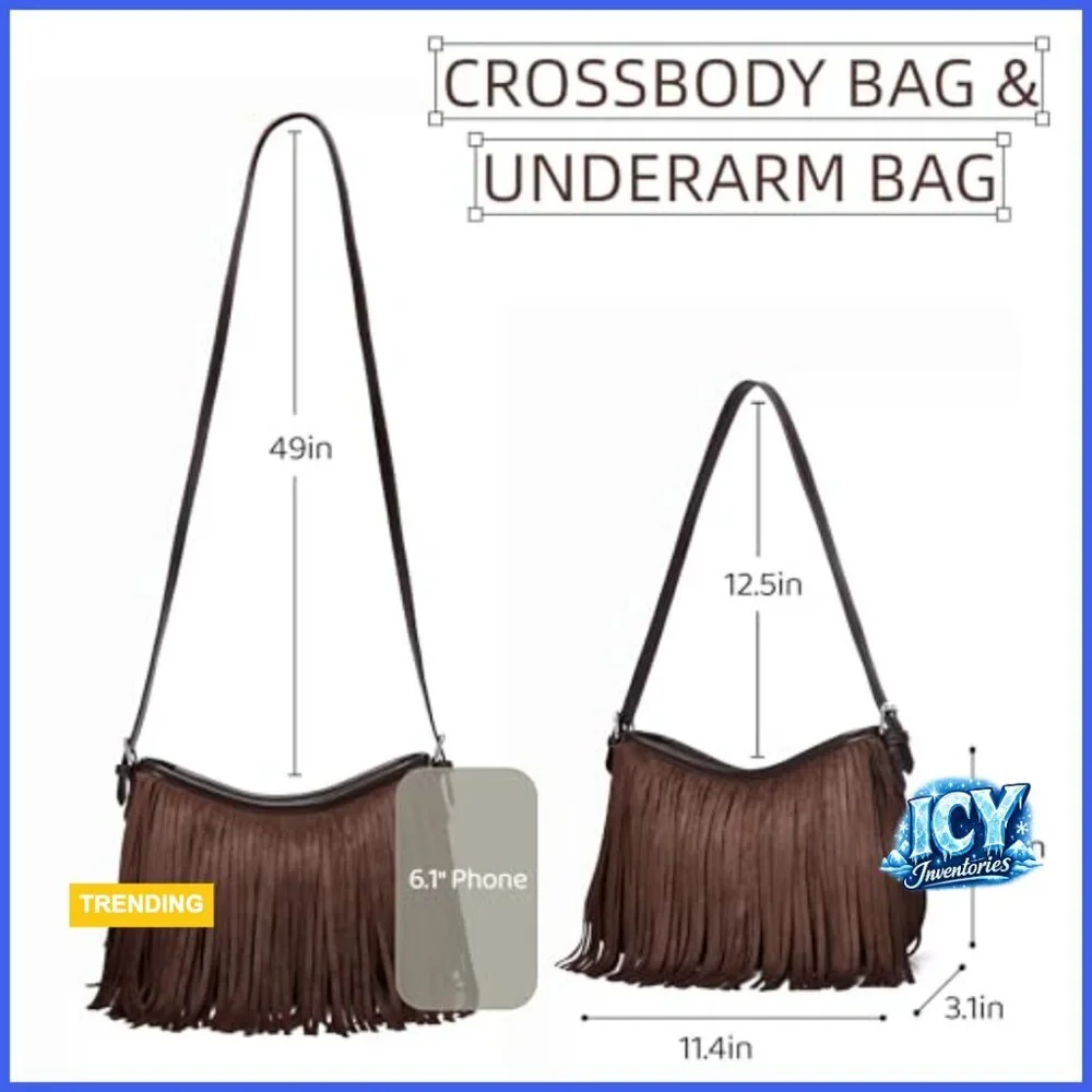 Vegan Suede Fringe Hobo Bag with Detachable Straps Crossbody Shoulder